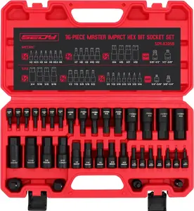 Hex Bit Impact Socket Set: 36-Piece with 4 Adapters, 1/4" 3/8" 1/2" Drive Master Allen Impact Socket Set, SAE and Metric, H5-H19 & 3/4"-5/64", Heavy Duty Storage Case, Automotive Mechanic