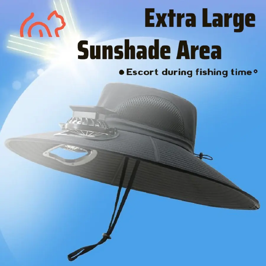 Solar fan cap, UV resistant outdoor wide brimmed fisherman's cap, with 180 ° adjustable fan, UPF50, USB and solar power supply, suitable for beach, camping, outdoor, fishing