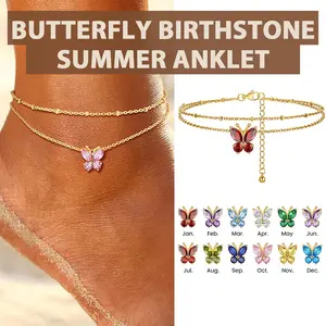 FindChic Butterfly Birthstone Two-layered Anklet Tarnish Free Bling Sparkling Cubic Zirconia Daily Casual Summer Beach Ankle Bracelet Footwear Birthday Gift Jewelry for Women Girls