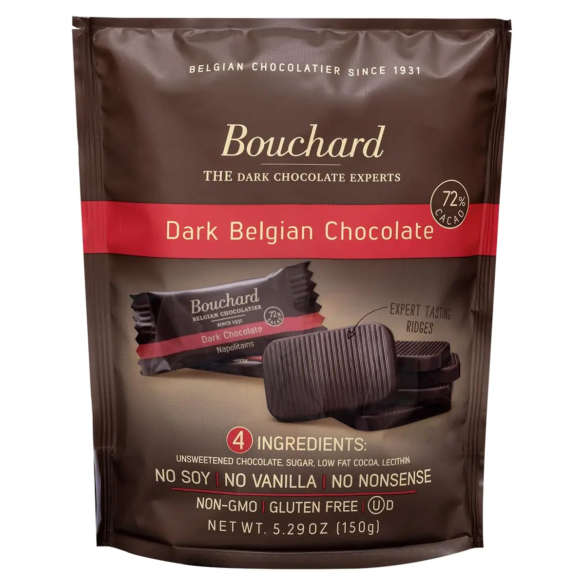 Bouchard Premium Belgian 72% Cacao Fiber-Rich Dark Chocolate Snack - Kosher, Gluten-Free, GMO-Free, 28 Calories Per Piece, Cupboard-Storable (5.29 oz / 150g)