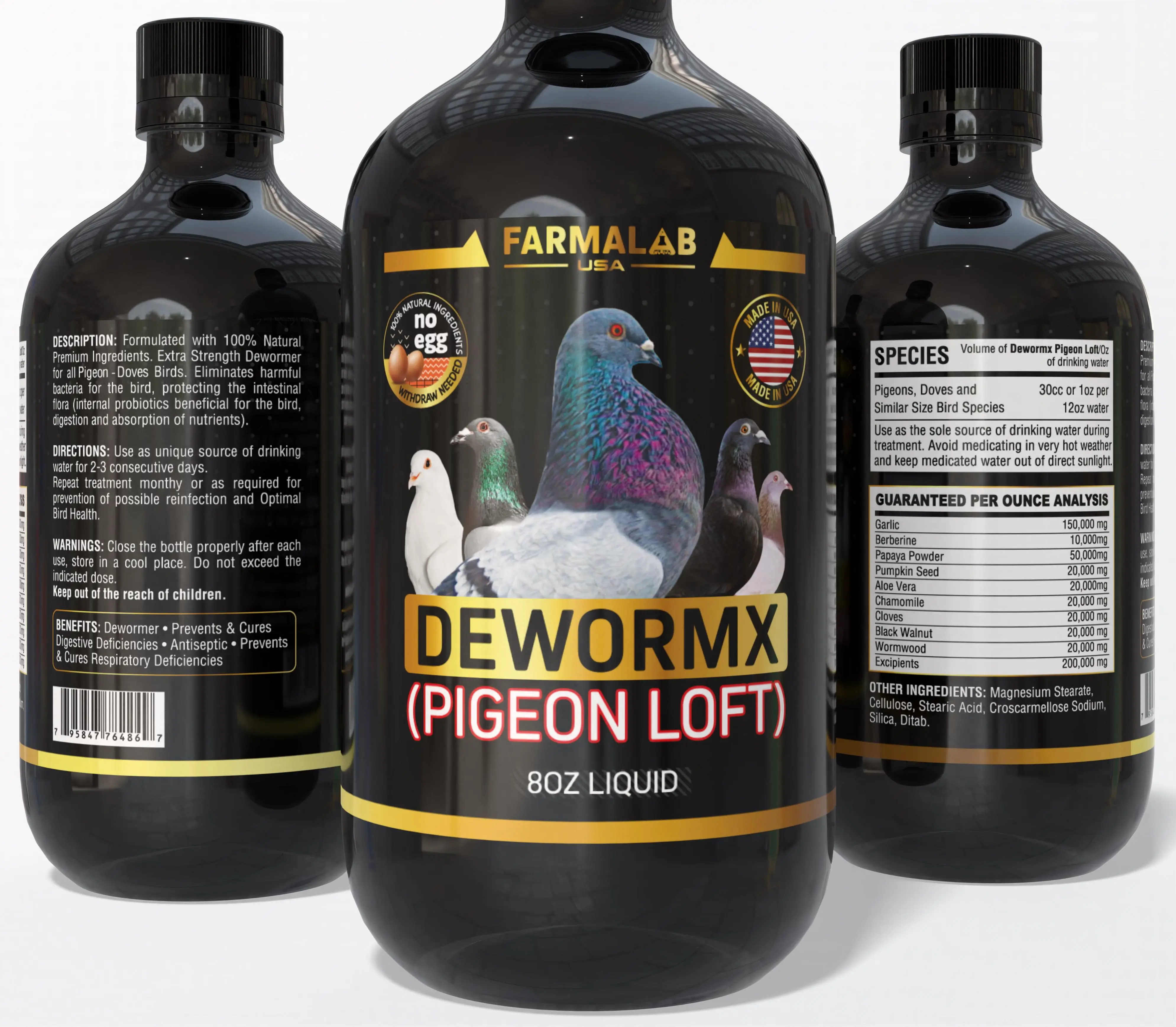 Farmalab Natural No-Withdraw Garlic Bird Dewormer Bottle, 8oz Poultry & Bird Healthcare Supplies, Intestinal Aid for Pigeons (Loft Use), Geese, Peacocks, Baby Chicks Supplies