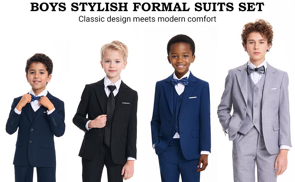 Boys 8-Piece Formal Slim Fit Suit Set, Outfit for Wedding, Party, Graduation, Churches, Adjustable Waist
