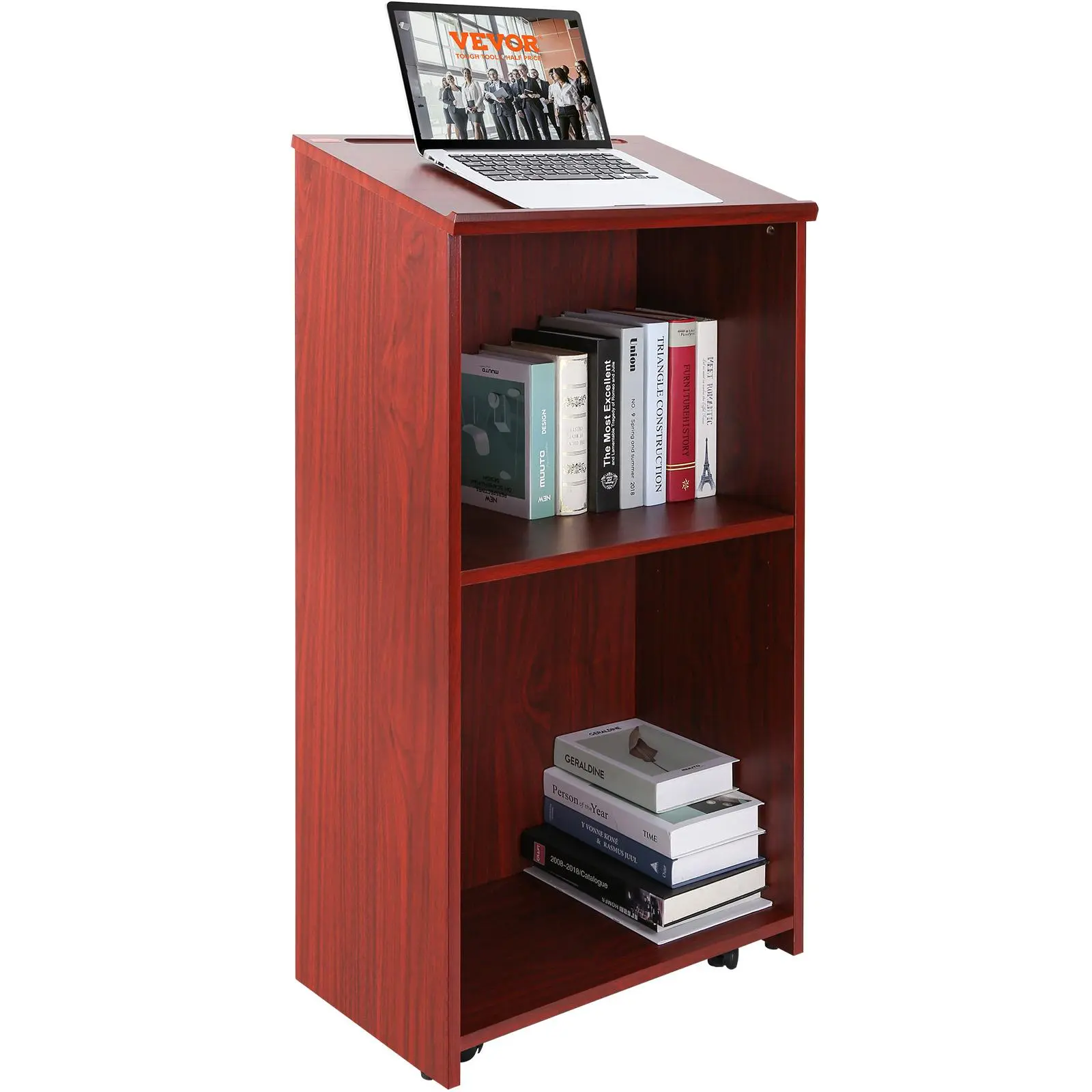【SummerFinds】VEVOR Podium Stand,  47 inch Hostess Stand with 4 Rolling Wheels, Wood Podium with Storage Shelves and Slant Desktop, Lecterns & Podiums for Home, Office, School, Church, Brown