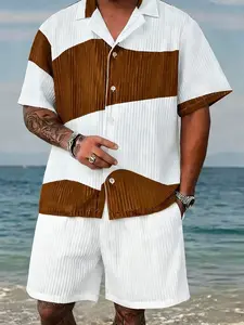 Refined Men's Summer Resort Set Featuring a Button-Down Short Sleeve Shirt with Contrast Trim and Matching Lightweight Shorts for Effortless Coastal Elegance and All-Day Comfort