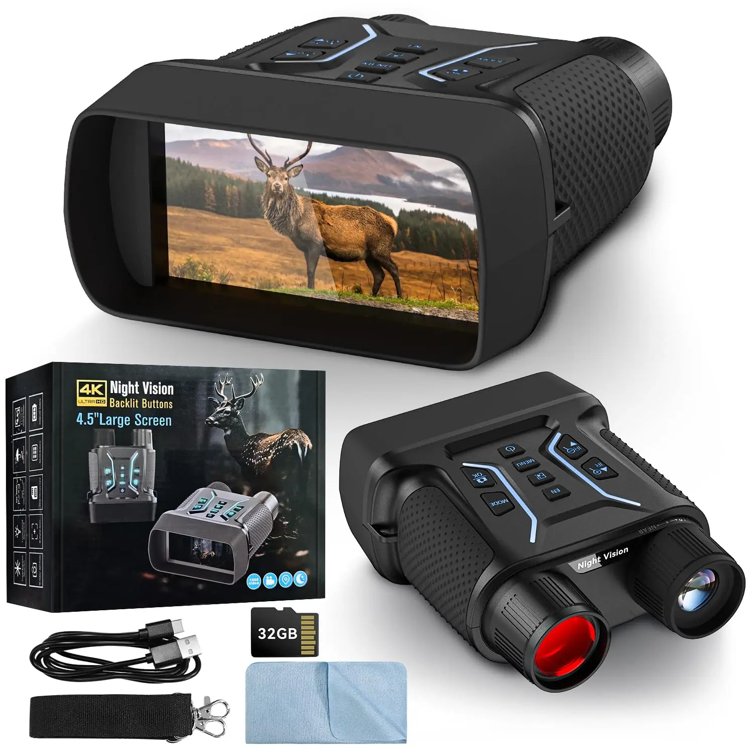 Night Vision Goggles, 4K Color Night Vision Binoculars for Adults with 4.5" HD Display, 8X Digital Zoom & 7-Level Infrared, 4500mAh Rechargeable Battery, 1300ft Range, 32GB TF Card for Camping Hunting
