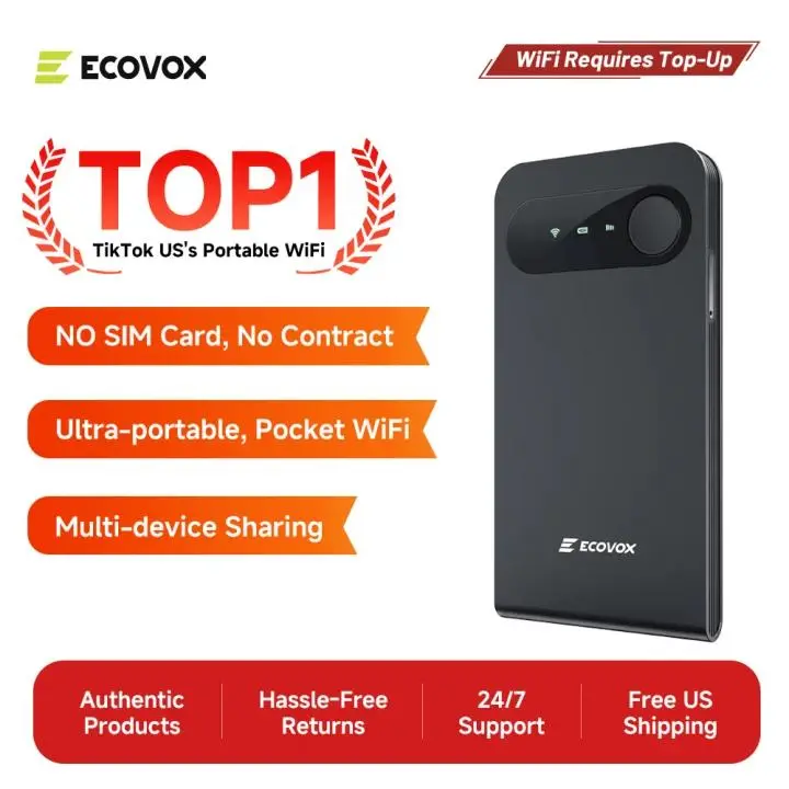 [PAY AS YOU GO] ECOVOX 2026 Upgraded Slim Pocket WiFi Hotspot, High-Speed 4G Global Coverage, No SIM Card Required, Tri-Band USB Router with Lithium Ion Battery for Car/RV/Travel support