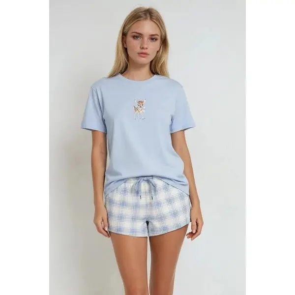 Forever 21 Women's 2-Piece Lightweight Soft Cotton Knit Pajama Set - Cute Short-Sleeve Deer Graphic Tee, Plaid Shorts Nightwear for Everyday Loungewear, Lady, XL