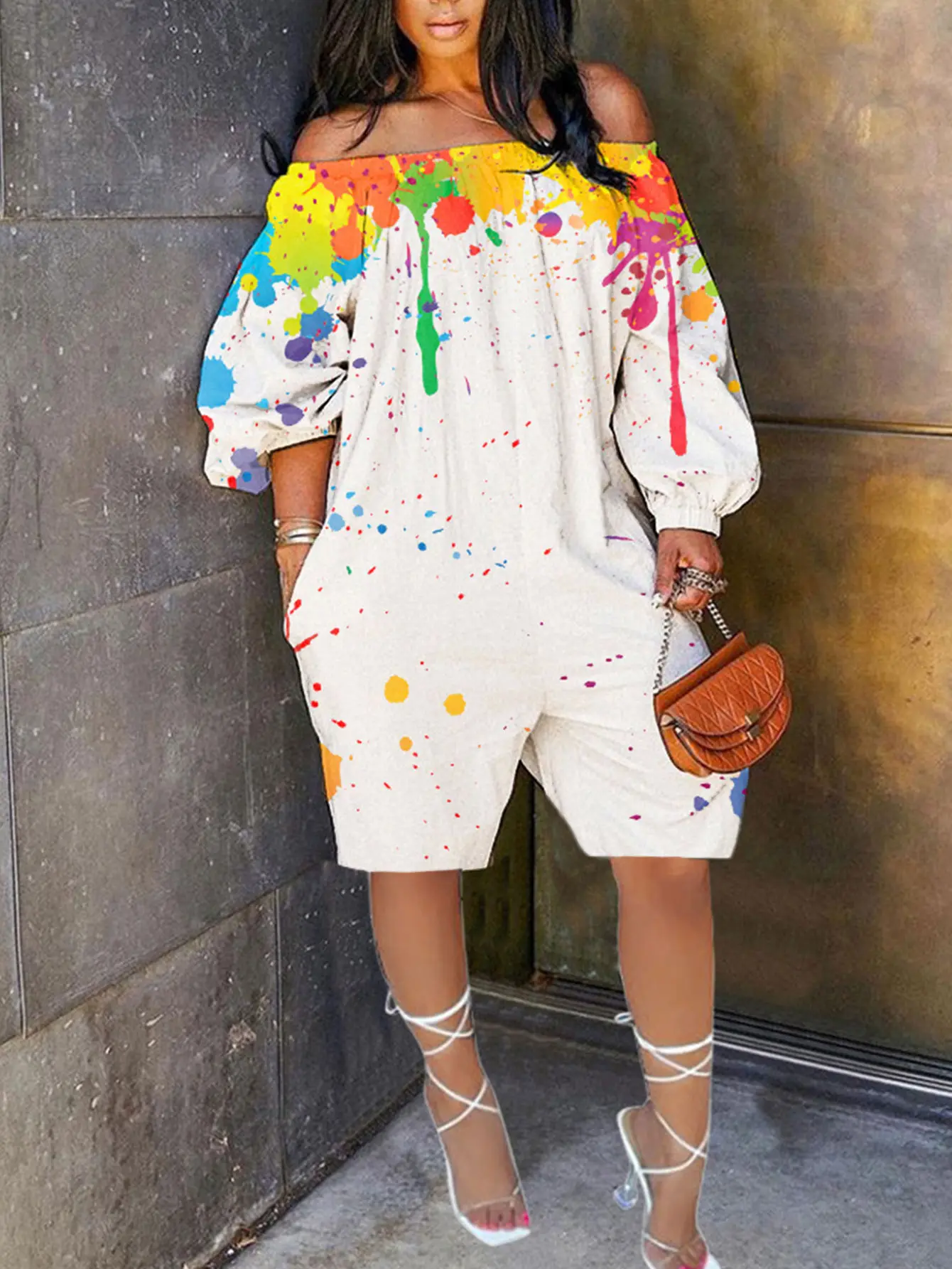 Women's Oversized Paint Splatter Off-Shoulder Romper - Balloon Sleeve Casual Overalls with Pockets for Spring Brunch, Stylish Print Womenswear Outfit, Rompers For Women, Comfortable