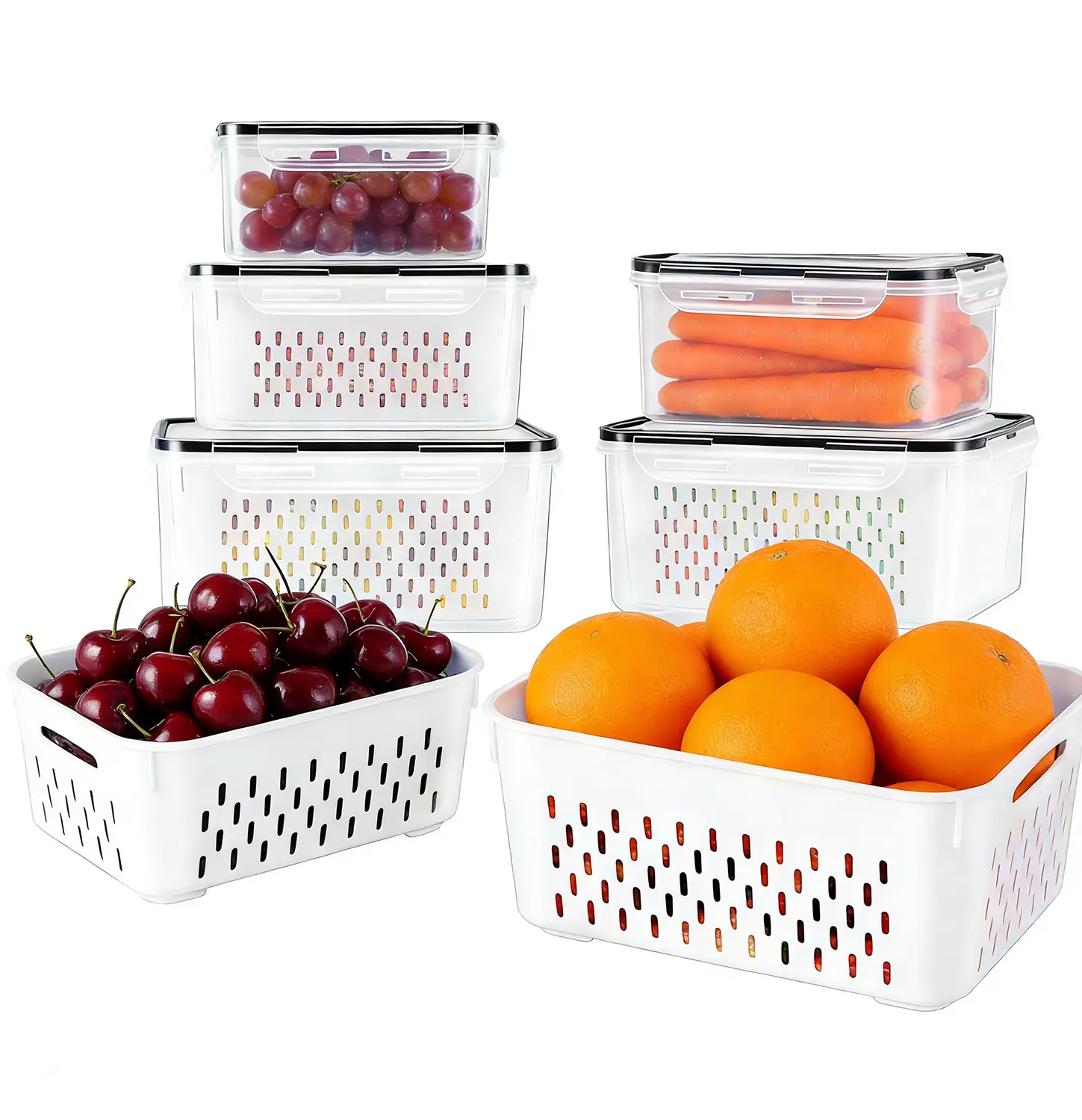 10Pcs Large Dry Food Storage Container Clear Box Fruit Containers Fridge with Colander & Lids, 4-in-1 Produce Storage Containers, Leakproof Berry Keeper & Lettuce,Refrigerator Organizer Bins for Vegetables, Salad & Meal Prep  Kitchen Utensils