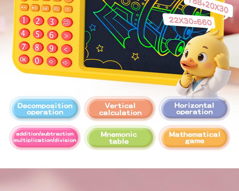 2-in-1 Kids Math Learning Tablet 3-8, Calculator + LCD Writing Board, + − × ÷ Practice, Column Math, Timed Drills