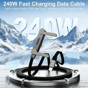 240W Ultra Fast Charging Cable with Invisible Phone Stand, 2-in-1 Type-C Cord & Holder for Gaming, Office, Car – Black