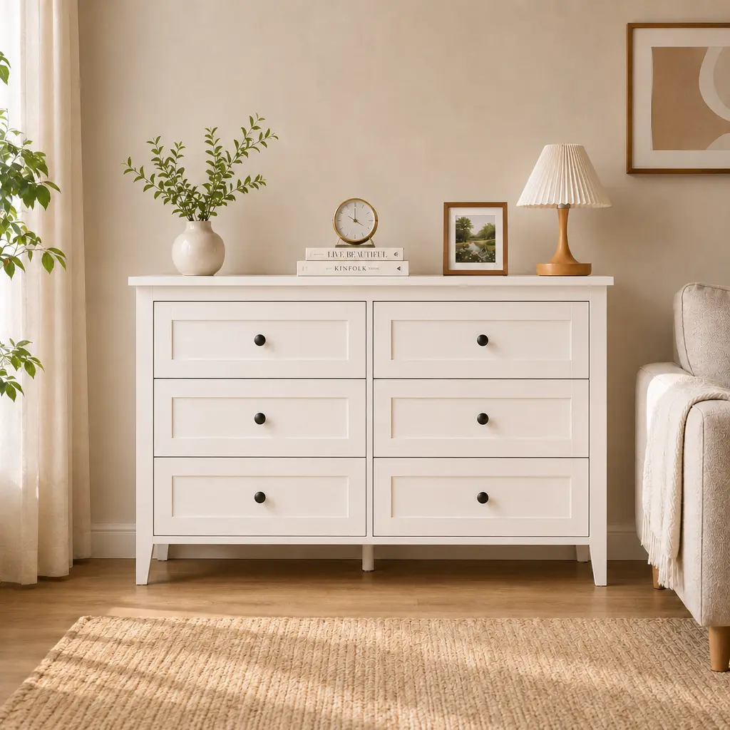 VOWNER 6-Drawer  Dresser for Bedroom, Nursery - Mid-Century Wood Storage Cabinet with Metal Knobs, Large Space Wide Chest , Furniture Organizer, Modern Dressers, Drawer Storage Cabinet