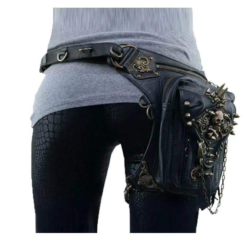 Fashion Rock PU Leather Shoulder Bag Vintage Gothic Retro Steampunk Waist Pack Shoulder Motorcycle Bag Handbag Leg Purse black Belt Bag Crossbody Fanny Pack