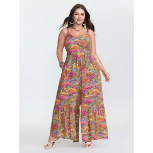 【Summer Turn-Up】BlOOMCHIC Plus Size Floral Print Shirred Cami Jumpsuit [M-6X] 2026 Summer Pick for Mother's Day