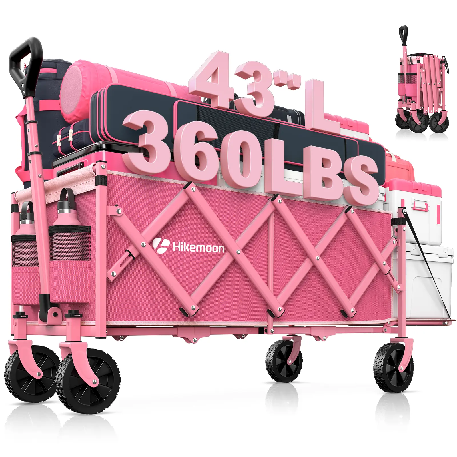 Hikemoon Collapsible Gardening Wagon Cart - 360 lbs Capacity, 43" Extra Long, 360-Degree Wheels, Extended Tailgate, 14 lbs, 12-Month Coverage, Metal Frame, 150L Folding Pack, Portable Cargo Hauler for Grocery Shopping,Camping,Black&Pink, Swivel