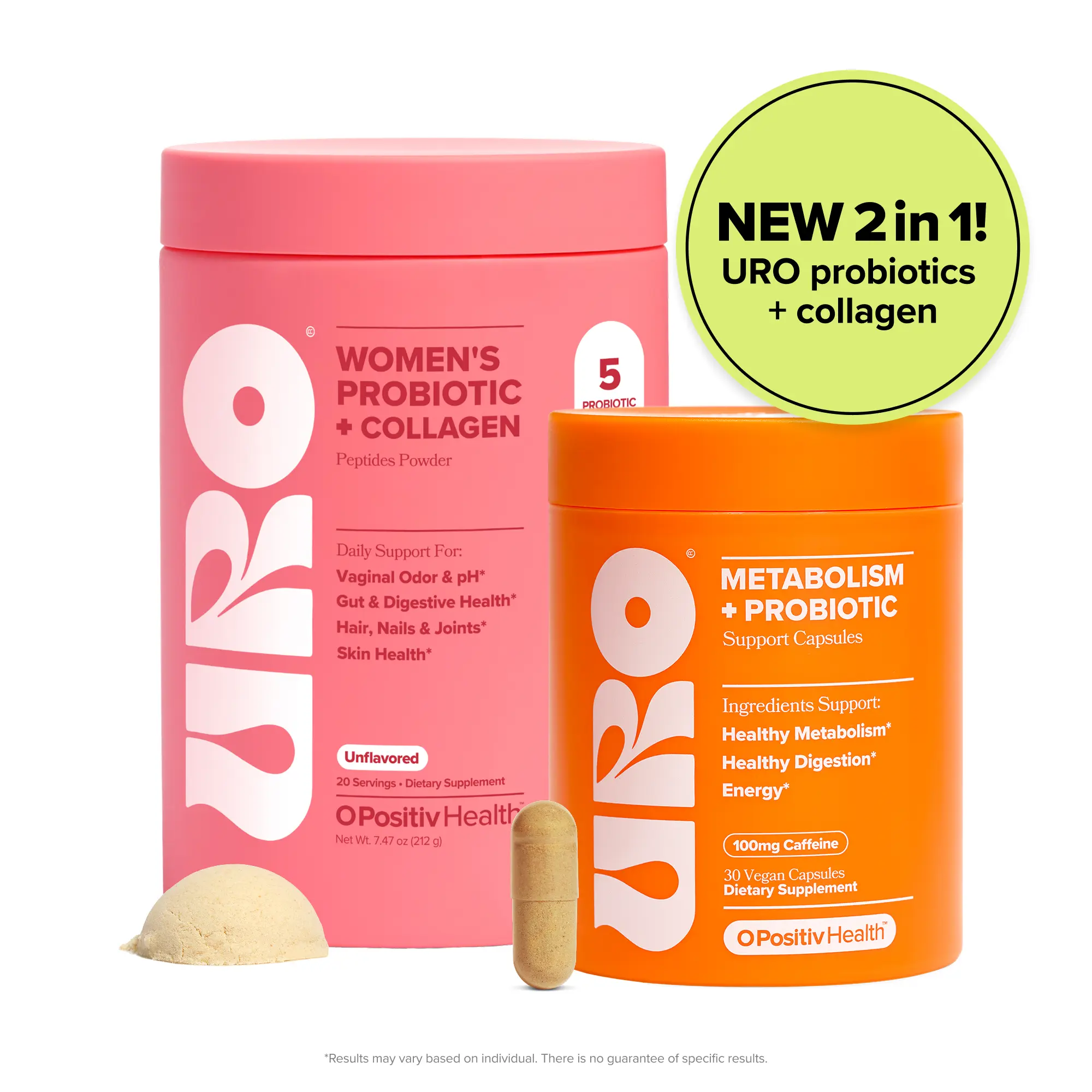 URO Total Body Glow Bundle: Probiotic + Collagen Powder with Metabolism Support Capsules for Skin, Hair, Nails & Gut
