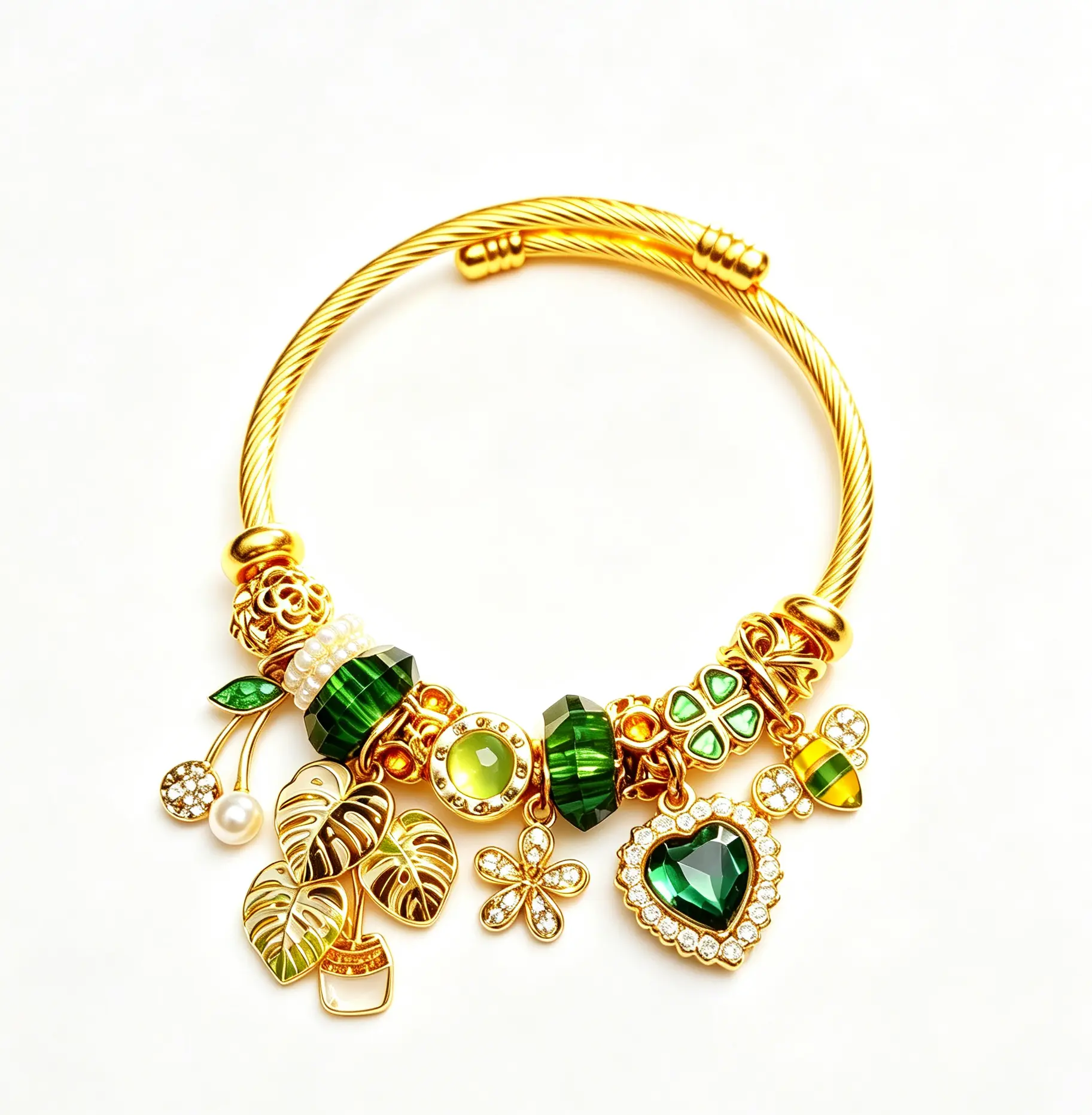 Green Gemstone Heart Charm Bracelet, Vintage Gold Tone Bangle with Floral Beads and Elegant Dangle Charms, Fashion Jewelry Gift for Women