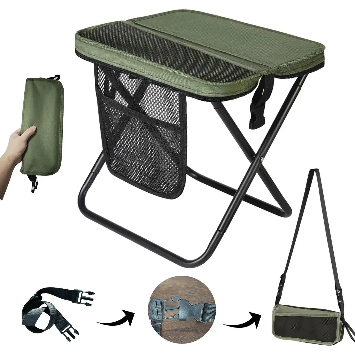 Portable Unisex Outdoor Folding Chair with Shoulder Strap, Compact Folding Frame, 0.5 lbs Ultra Light, 2 Side Velcro Storage Pockets for Camping Hiking, Gift for Her/Him