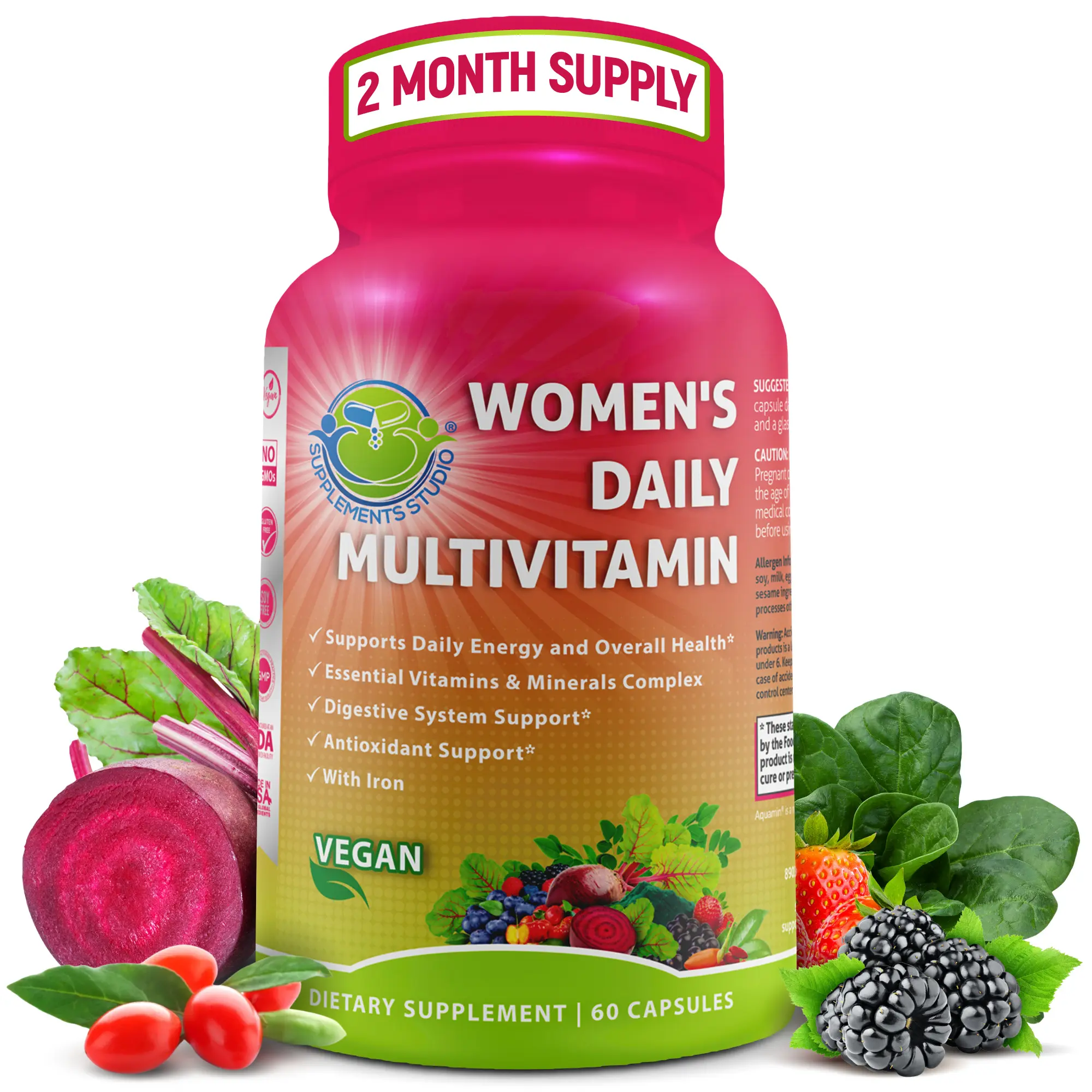 SUPPLEMENTS STUDIO Women’s Multivitamin with Iron - Vegan Multivitamin with Methylated B Vitamins, Biotin, Probiotics & Organic Superfood Blend - Supports Energy & Gut Health - Easy to Swallow - 60 Capsules