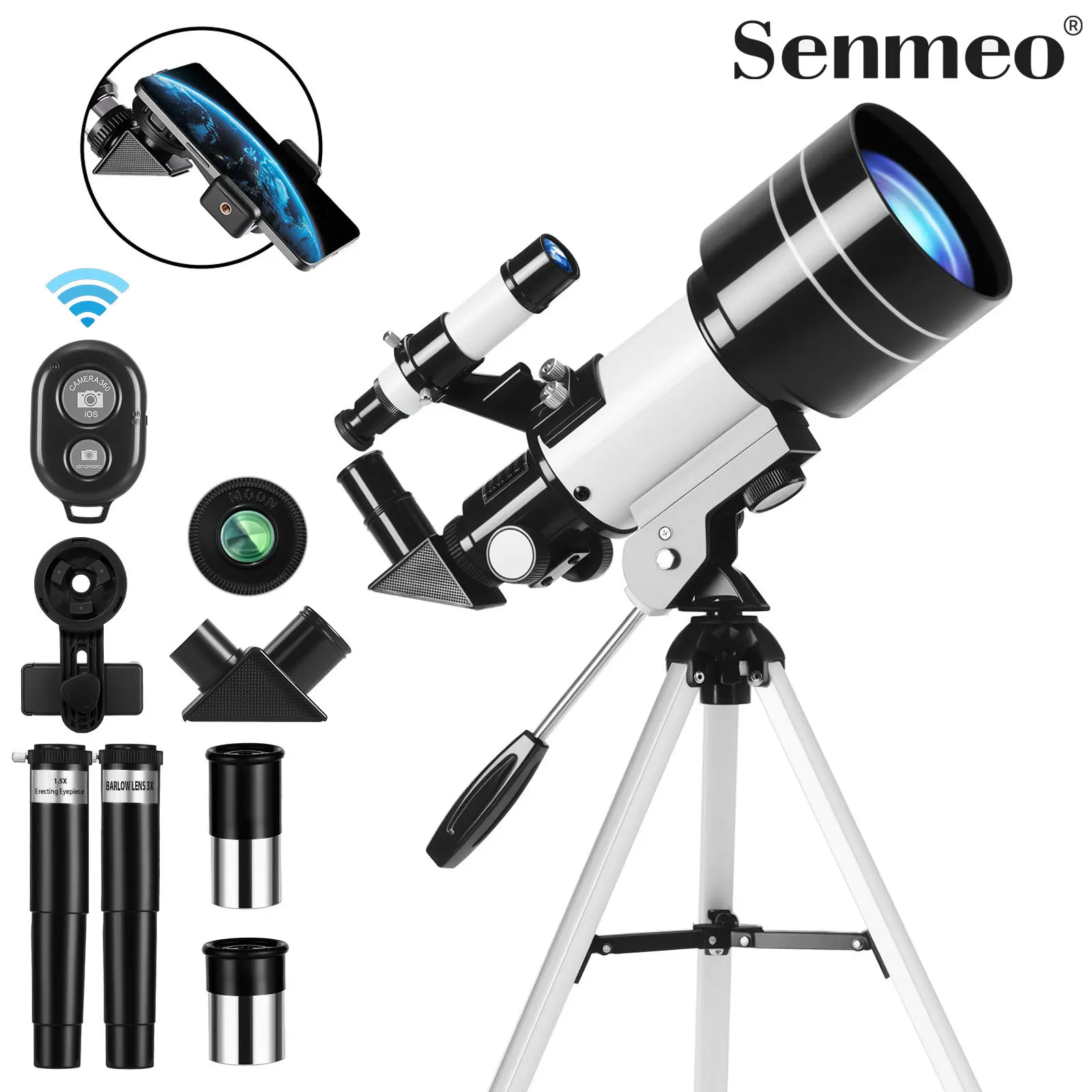 Senmeo 70mm Refractor Portable Travel Astronomical Telescope for Adults, 15X-150X with Tripod, Phone Adapter & Remote, Camping Stargazing Tool, Beginners-Friendly Outdoor STEM Ideal Gift, Kids, Stem Gift, Compact, Travel-Friendly, Portable Design, Refract
