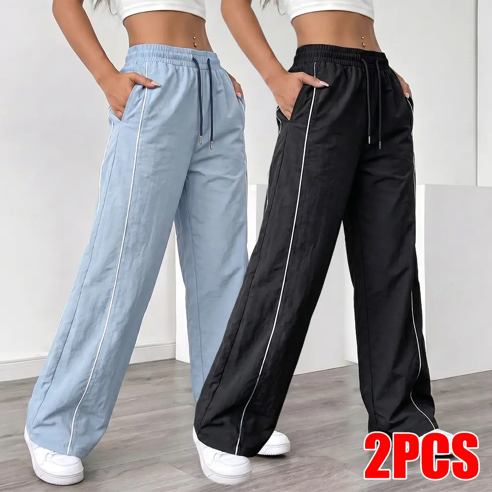 Women's 2 Pack Wide Leg Track Pants, Elastic Drawstring Waist Side Stripe Casual Pants, Lightweight Y2K Streetwear Parachute Pants in Black & Light Blue