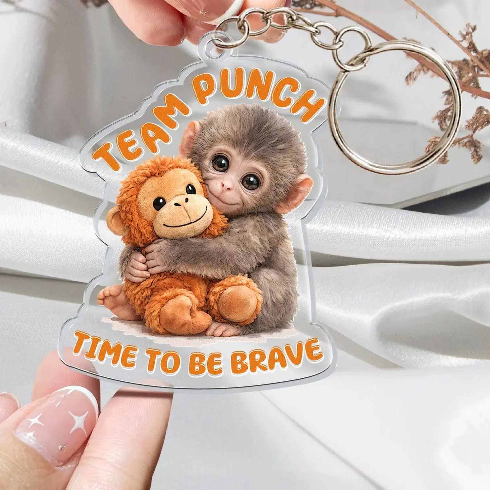 Team Punch Acrylic Keychain, Punch The Abandoned Baby Monkey Wooden Keychain, Time To Be Brave Keychain