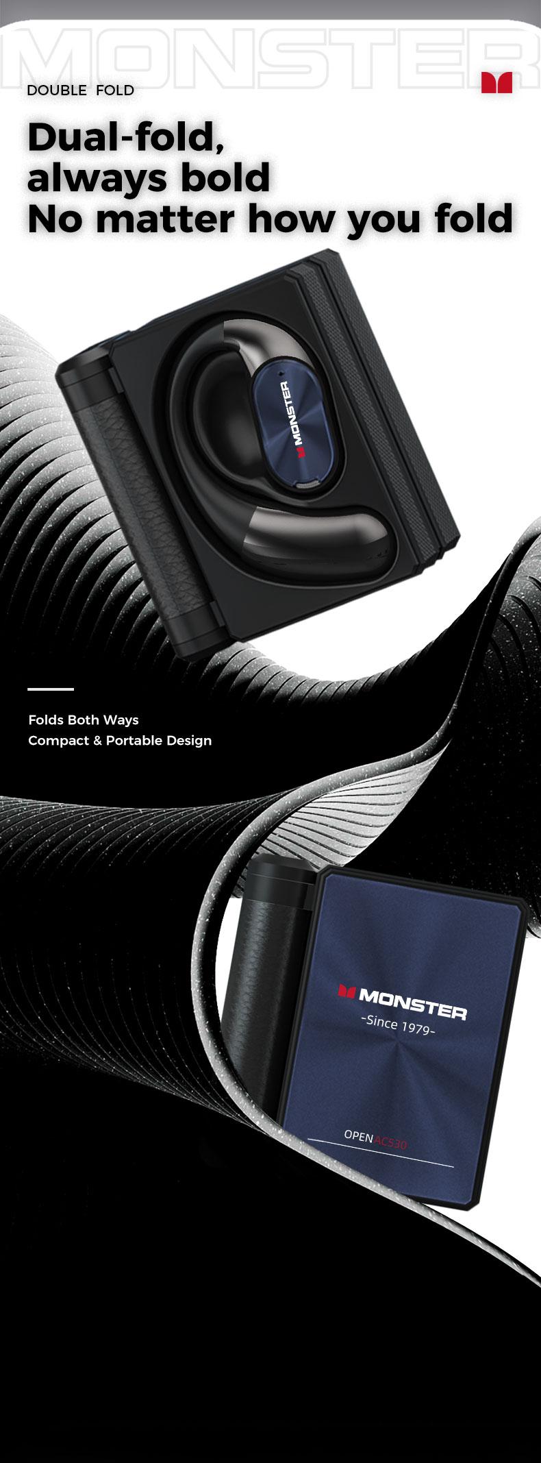 Monster AC530 Open-Ear Mic Headset, Dual-Fold Design, Mic Noise Cancellation Headphones, 100H Long Battery Life Bluetooth 6.0 Wireless Earbuds, Touch Control,Sweatproof, for Running, Workout, Driving, Back to Schoolā Gifts for Men & Women