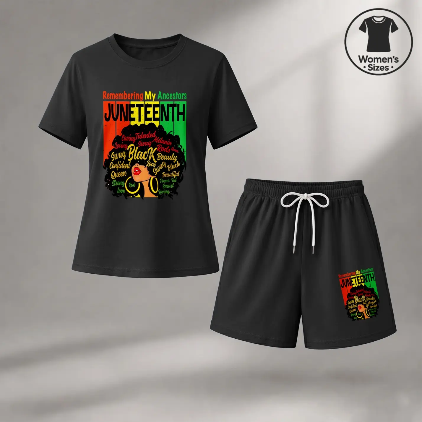 Women's 2-Piece Juneteenth Graphic Shorts Set, Minimalist Casual Loose Fit Short Sleeve Tee, Breathable Cotton Blend Athletic Outfit for Summer Lounge & Outdoor, Clothes, Style, Crew Neck, Short Sleeves