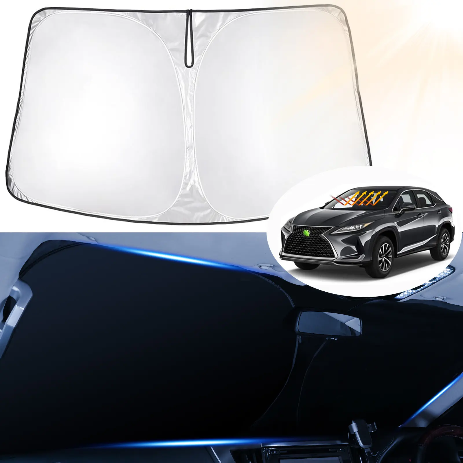 Canvcle Front Windscreen UV Protective Sunshade Cover for 2016-2022 Lexus RX 350 450h, Foldable Double-Thickness Sun Visor Shield, UV Light Filter, Light-Blocking, Fast Car Cooling, AC Speed Boosting, Easy to Install & Store, Ideal for Naps