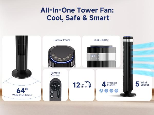【New】Tower Fan for Bedroom, 28dB Silent Standing Fan with 12H Timer, Smart Auto Mode, 64° Oscillating Bladeless Cooling Fan for Home Office