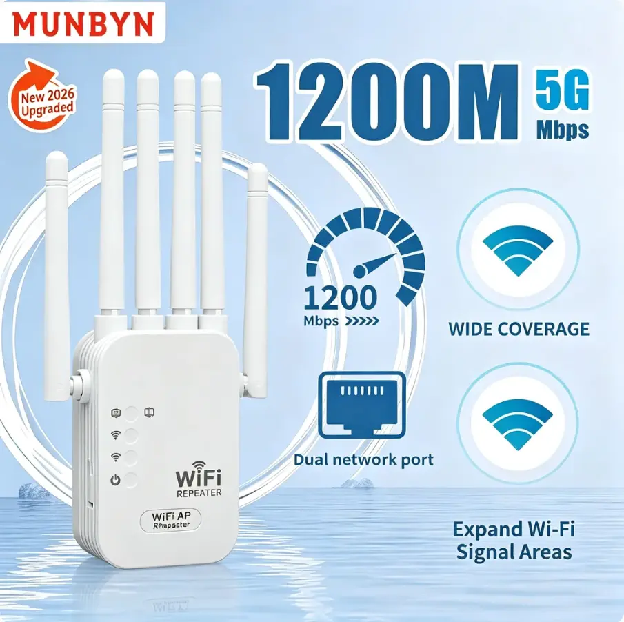MUNBYN WiFi Range Extender 2026 - 1200Mbps Dual Band Repeater (5GHz/2.4GHz) WiFi Booster, Covers Up to 10000 sq.ft, Connects 50 Devices, Ethernet Port for Home Use (Range Extender Repeaters), Dual Band Repeaters
