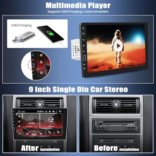 1080P Touch Screen Single Din Car Stereo,9 Inch 1 Din Car Radio with Mirror Link Bluetooth Hands-Free Call FM Radio Car Audio Support SWC USB EQ Backup Camera