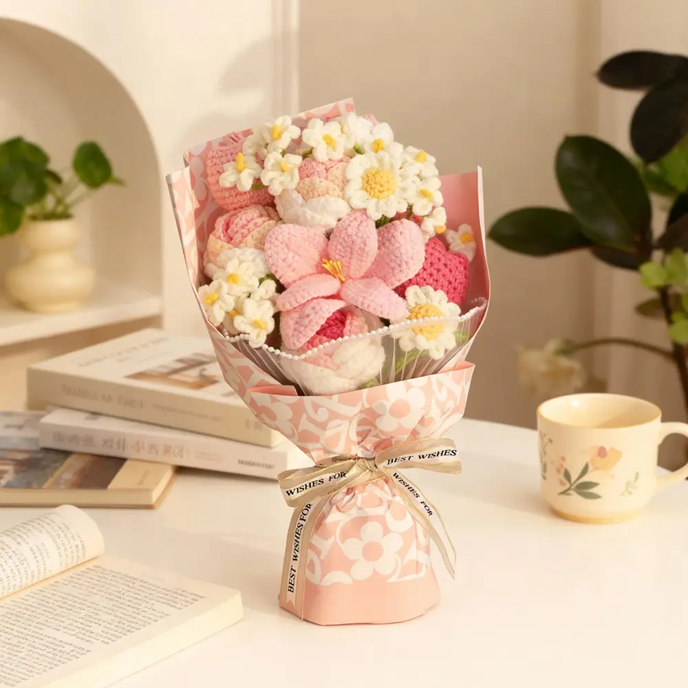 Handmade crochet flowers bouquet,Decorative flowers for home party wedding anniversary festival,1 count