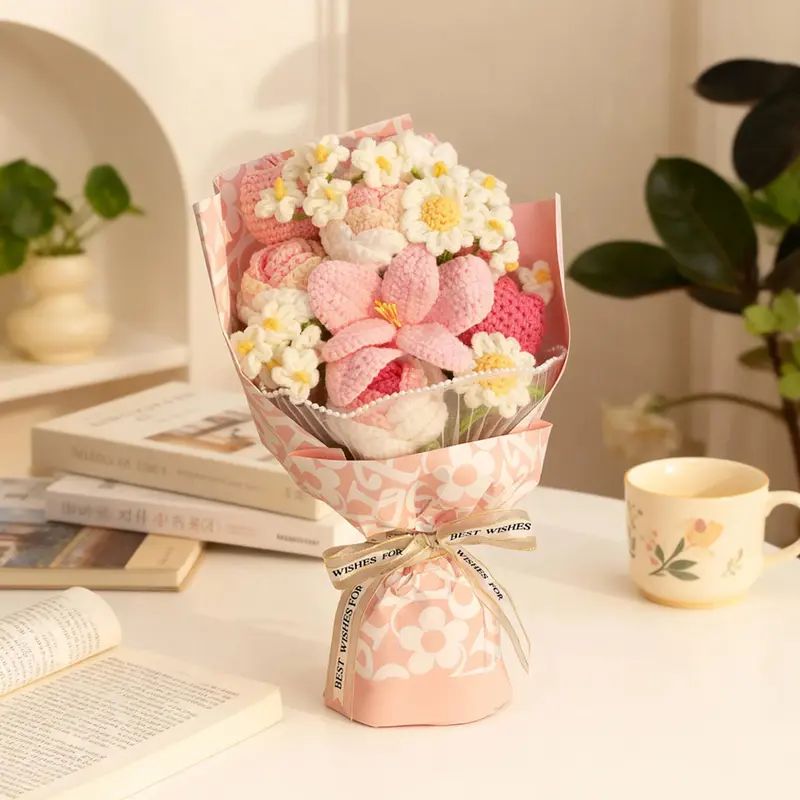 Handmade crochet flowers bouquet,Decorative flowers for home party wedding anniversary festival,1 count