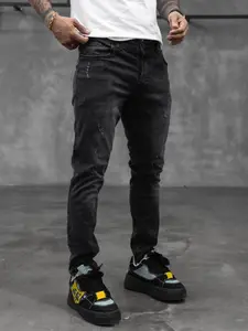 SRETOUU Men's Black Stretch Slim Fit Denim Jeans - Streetwear Style, Solid Color Casual Design with Ripped/Distressed Detailing, Classic Fit