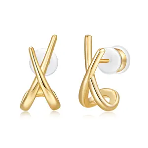 MINDDHA 14K Gold Plated Elegant Criss Cross Stud Earrings for Women – Sterling Silver Post - Modern Twist Knot Design with Cubic Zirconia, Hypoallergenic, Lightweight Everyday Earrings Gift for Her 15x7mm