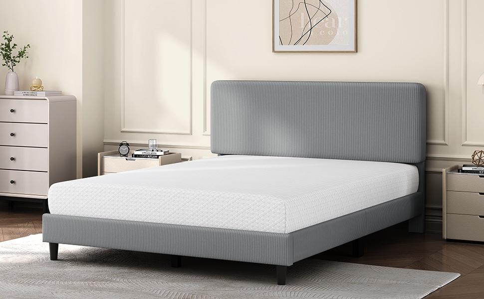 Yaheetech Bed Frames with Adjustable Headboard, Chenille Fabric Upholstered Headboard/Platform Bed, No Box Spring Needed/Wood Slats Support/Easy Assembly