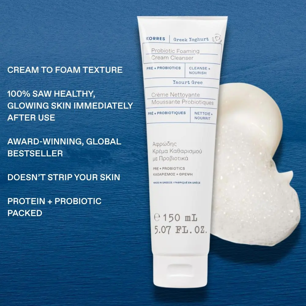 Greek Yoghurt Foaming Cream Cleanser, Hydrating, Deep Cleansing Skin Care, Makeup Remover, Face Wash for Women, Cream to Foam Facial Cleanser for Dry, Oily, Sensitive, Any Skin Type, 5.07 fl oz | KORRES