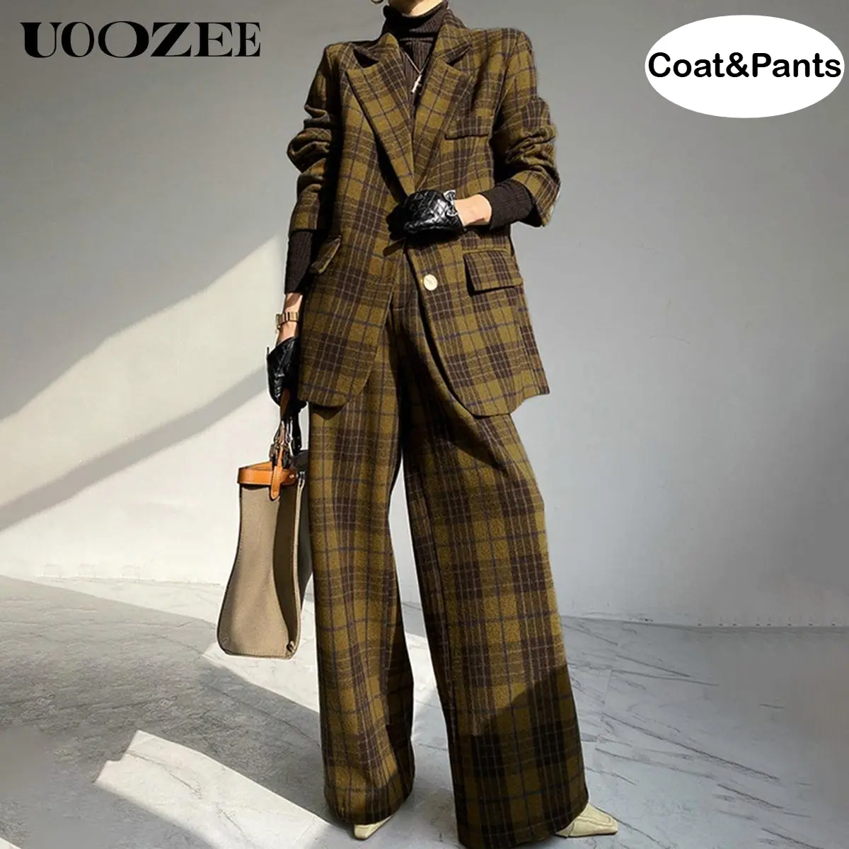UOOZEE Women's 2-Piece Check Coat Set - Autumn Winter Retro Elegant Corporate Attire, Office Work Clothes, Loose-Fit Long-Sleeve Blazer (No Belt/Pockets, 10% Wool for Softness), High-Waisted Full-Length Trouser (With Pockets), Brown Polyester Formal Wear