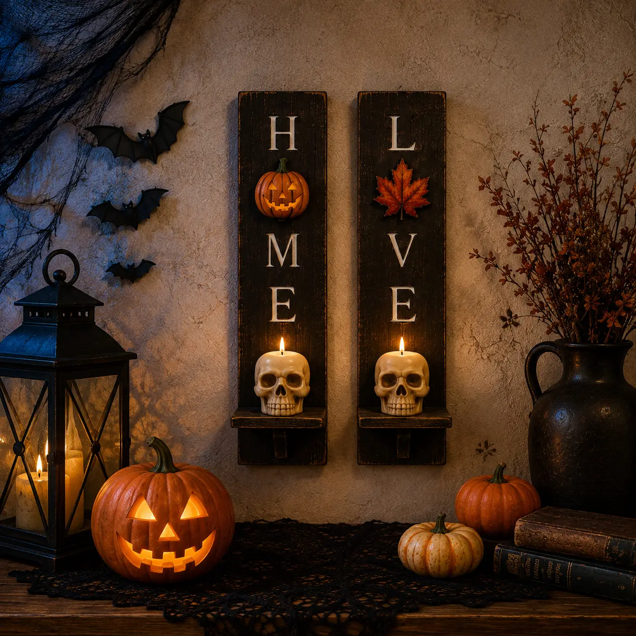 2-Pack Rustic Wooden Wall Candle Holders, Halloween & Fall Decor with 12 Interchangeable Magnetic Decorations
