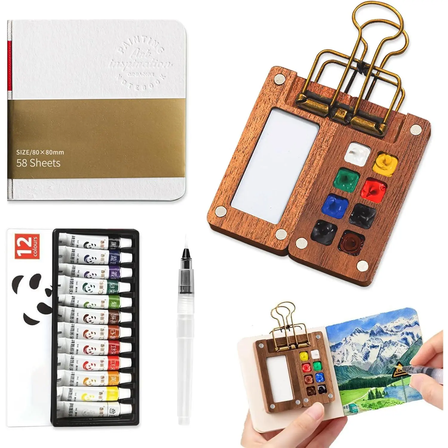 Mini Watercolor Paint Set Travel Watercolor Set Pocket Artist Watercolor Travel Set with Watercolor Palette,Watercolor Brushes, 12 Colors, Watercolor Sketchbook for Artists Painters Students(Wood)