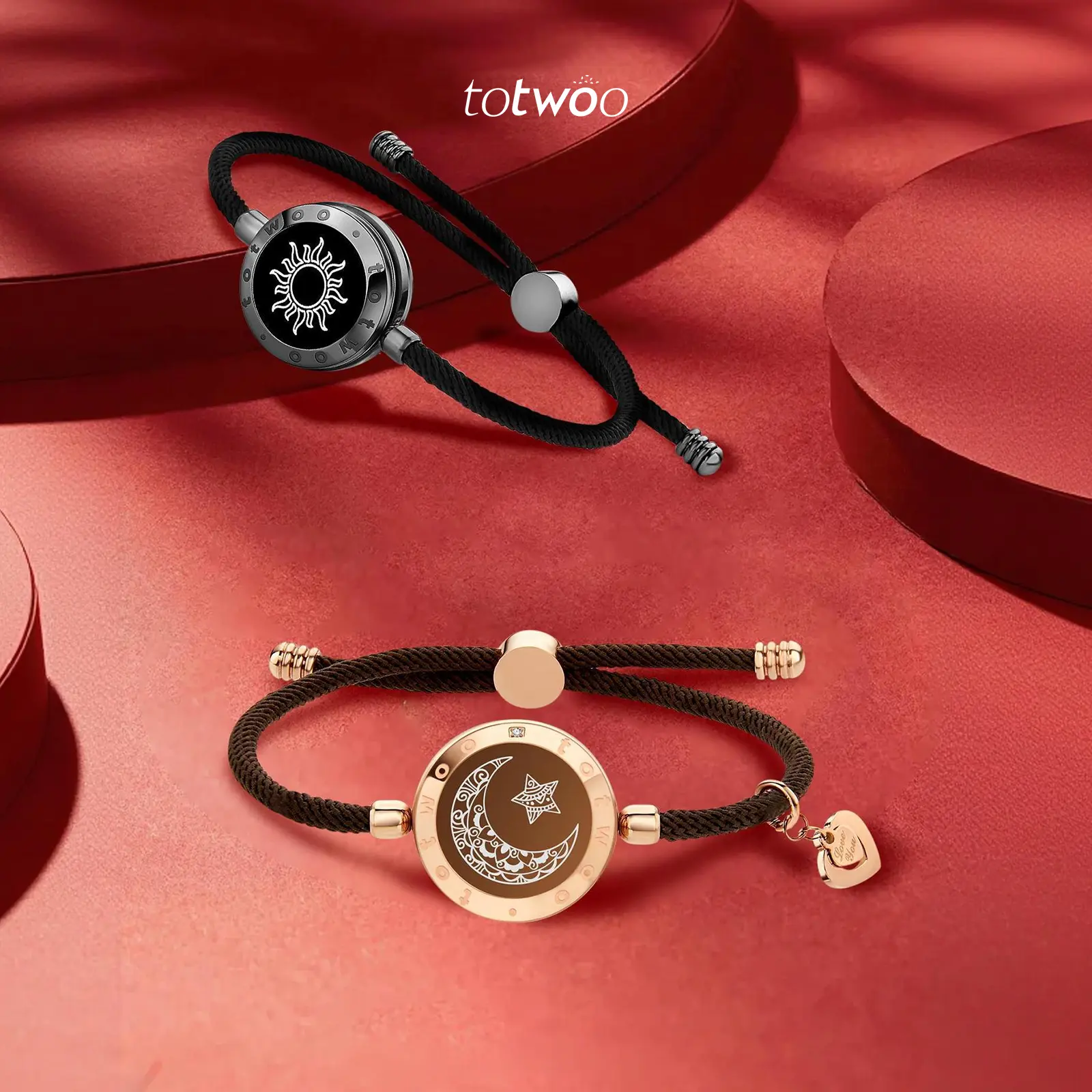 TOTWOO Long Distance Touch Bracelets for Couples Gift Set with Red Heart Jewelry Box, Light Up & Vibration Smart Bracelets for Love, Matching Leather Couple Bracelets, Bluetooth App Connected Romantic Wearable Jewelry for Him & Her