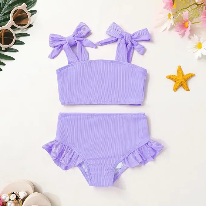 Toddler Baby Girls’ 2-Piece Bikini Swimsuit – Solid Color with Stripes for Summer Beach and Bathing
