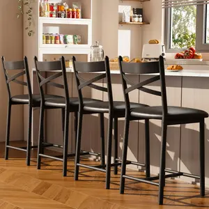 22" Bar Stools Set of 4, Counter Height Bar Stools with PU Upholstered Seat, Metal Frame Kitchen Bar Chairs with X-Design Back and Footrest for Kitchen Island, Counter Bar, Dining Room, Black