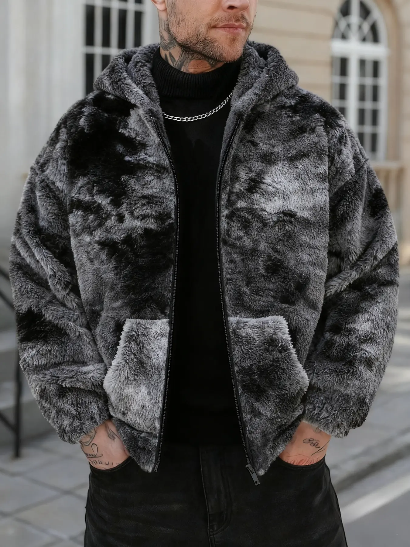 Unisex hooded long sleeve jacket with thermal, Tie Dye dyed-on-the-spot faux fur; trendy and versatile, suitable for casual wear, youth-oriented, student-friendly, street fashion, and a great outer layer for cold weather; available in a couple's version