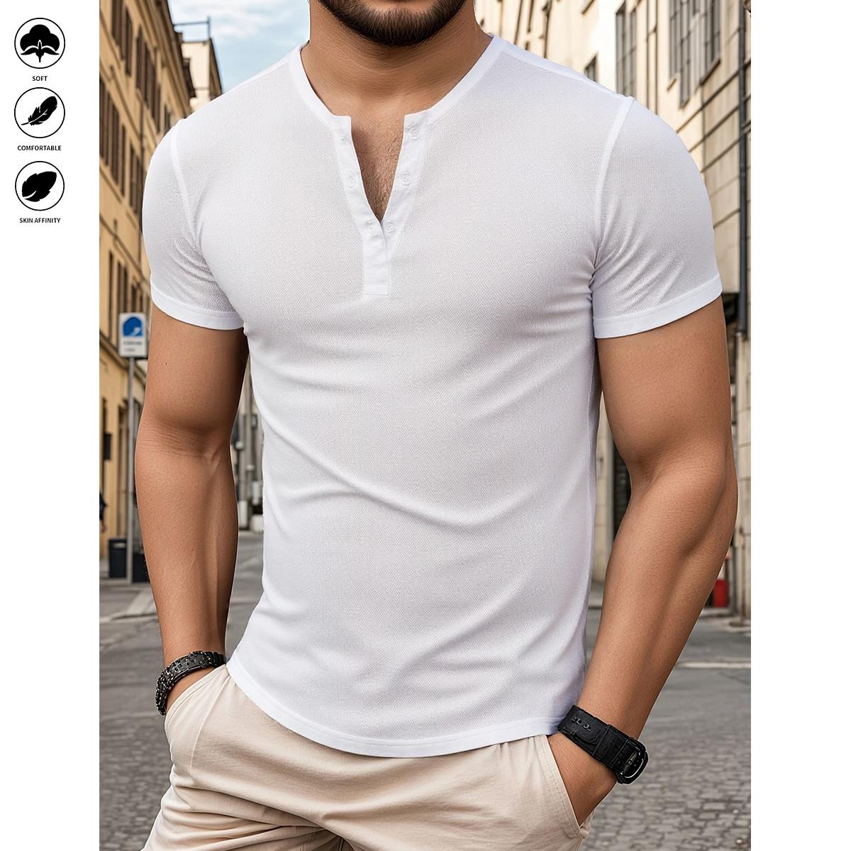 5pcs Men's Fine Pure Color Design Fashion Round Neck Short Sleeve Outdoor Sports Casual Henry Shirt