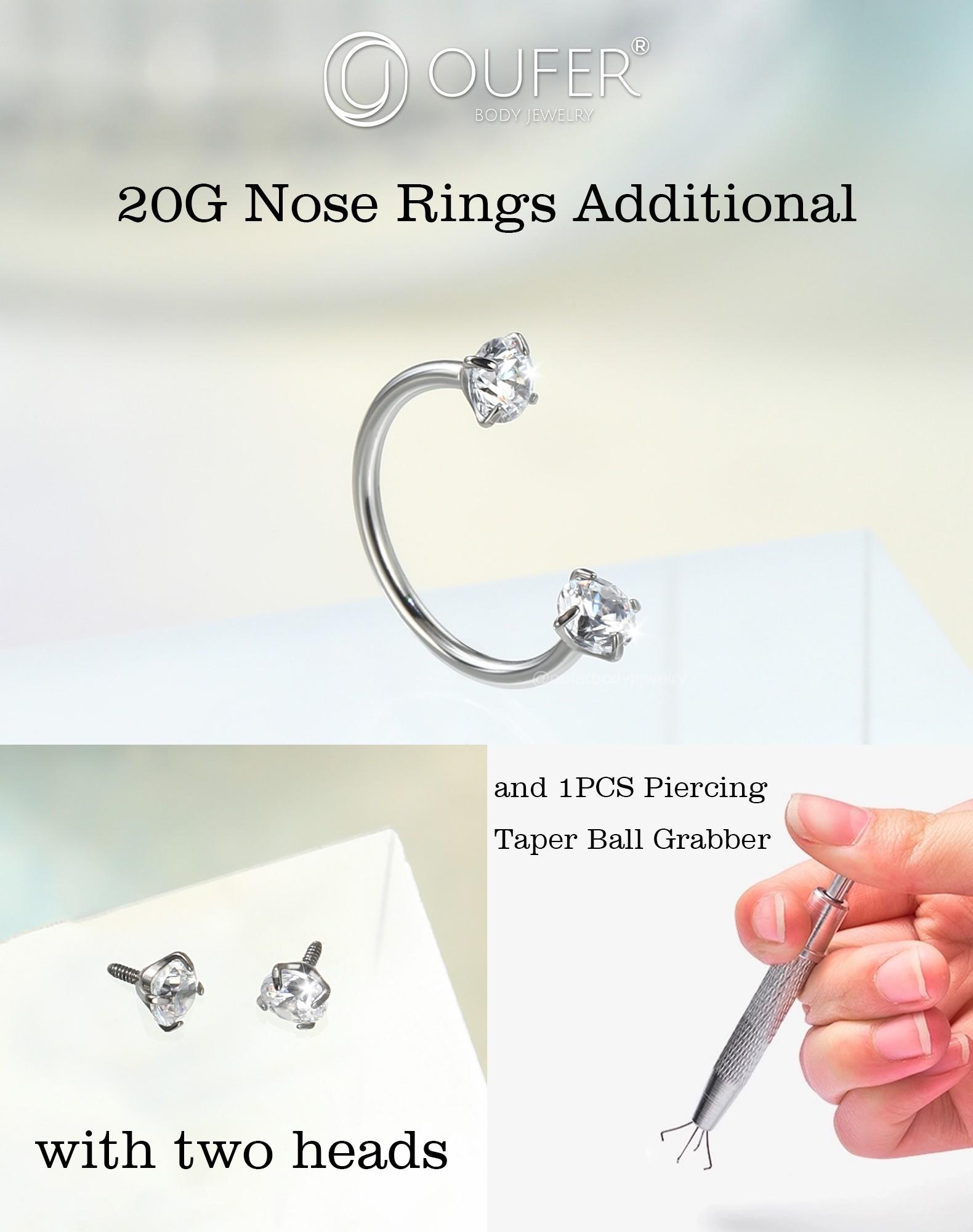 OUFER 20G Internally Threaded/THreadless Horseshoe Nose Ring - 316L Stainless Steel Unisex Body Jewelry, Secure Fit for Nostril, Cartilage Piercings, Daily Wear with Free Ball Crabber
