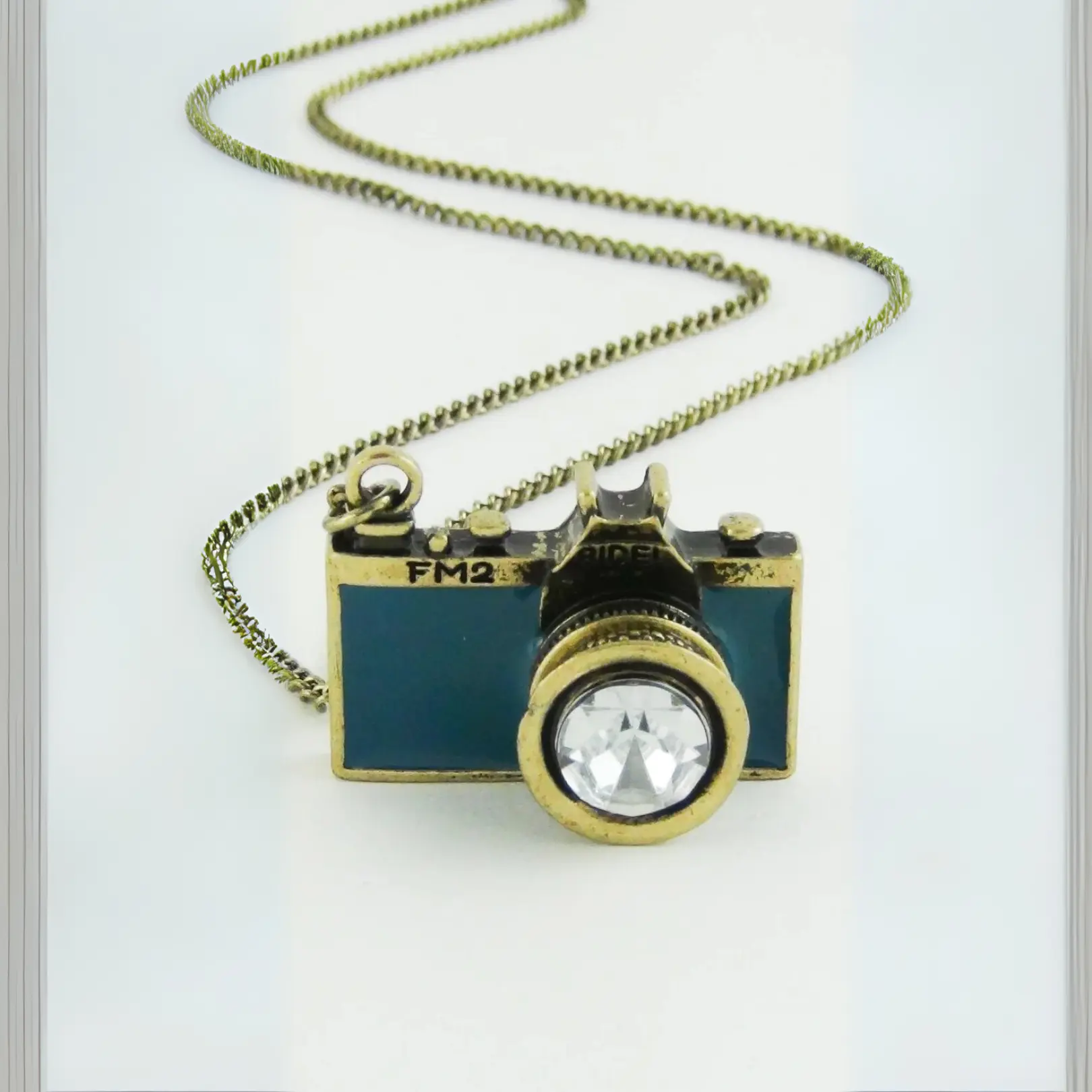 Paper & Quartz Vintage Camera Necklace in Teal | Antique Brass Long Chain