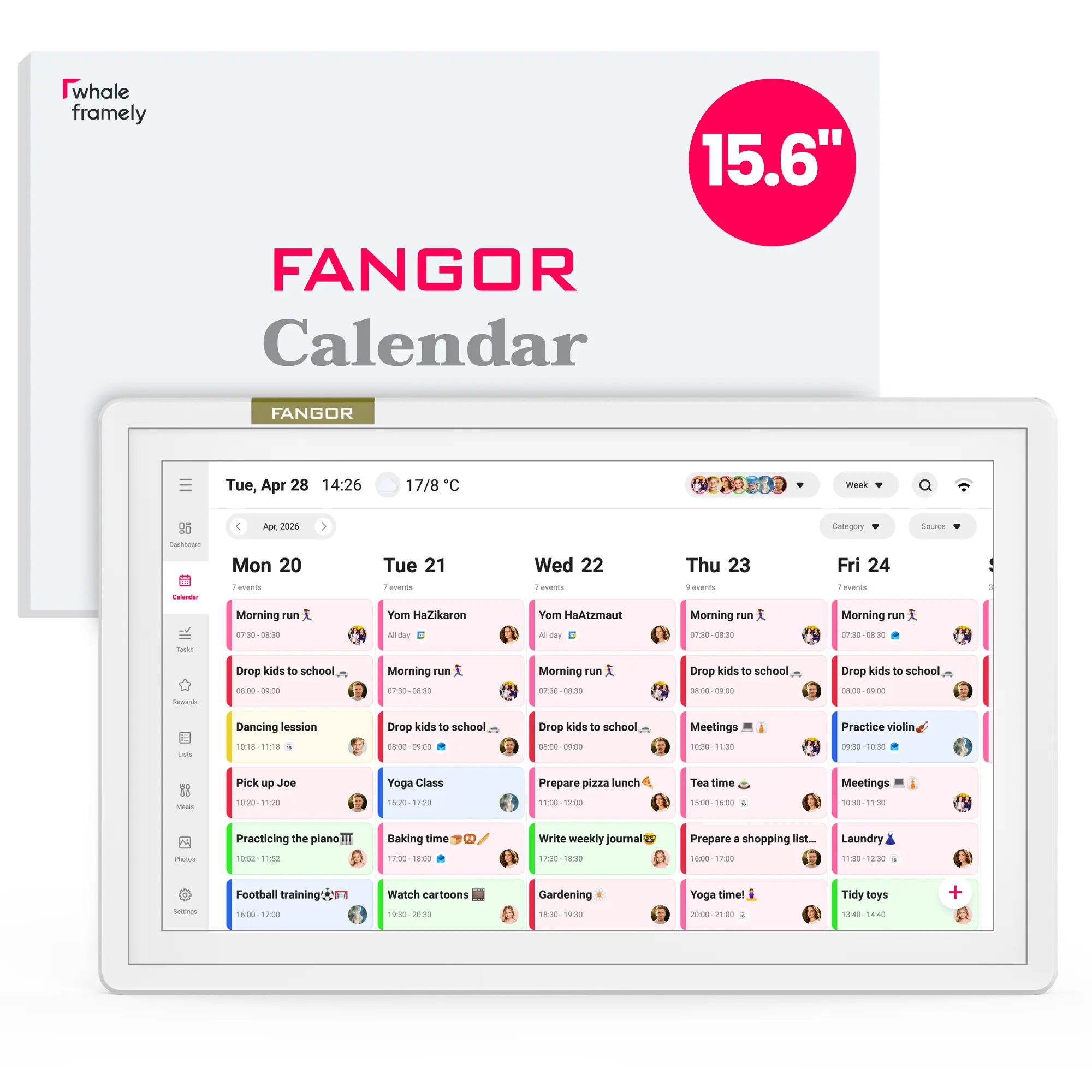 15.6 Inch Fangor Wi-Fi Enabled Digital Family Calendar - Modern Family Smart Electronic Wall/Desk Mountable Organizer, Touchscreen, Shared Schedule, Meal Planner, To-Do List, No Subscription, Digital Photo Frame, Chore Chart, Multi-Sync