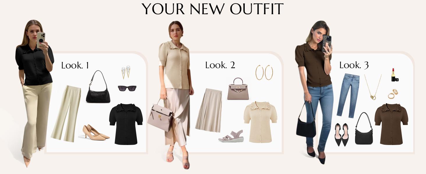 Cicy Bell Womens Ruffle Cardigan Sweater Puff Short Sleeve Button Up Eyelet Tops Ribbed Knit Peter Pan Collar Cardigans